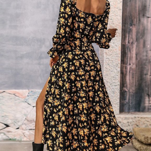 Black Floral Tie Square Neck Puff Sleeve Slit Dress - Picture 4 of 7